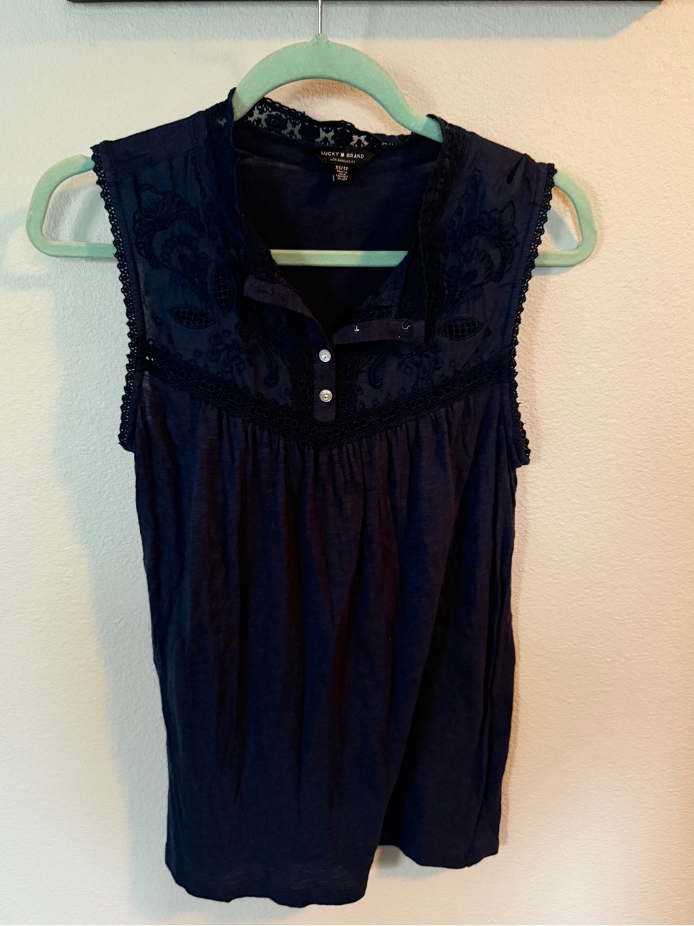 Lucky Brand Navy Embroidered Sleeveless Henley Tank